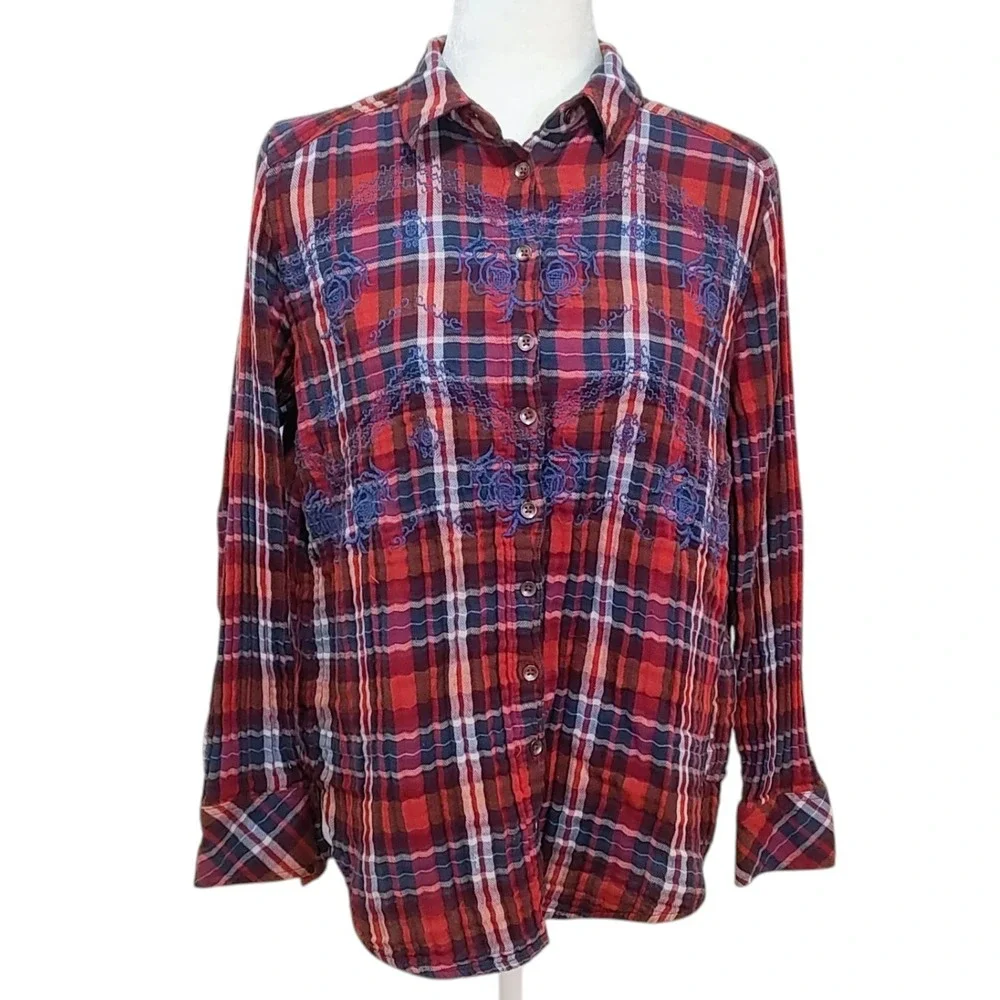 Free People Magical Plaid Button-Up Shirt Embroidered 4th of July‎ Patriotic S